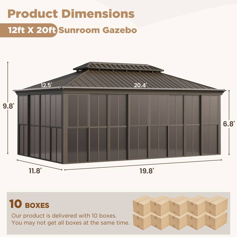 Hardtop Gazebo with Double Steel Roof, Sliding/Lockable Doors & Screens - All-Season Rustproof Aluminum Frame，Advanced Drainage