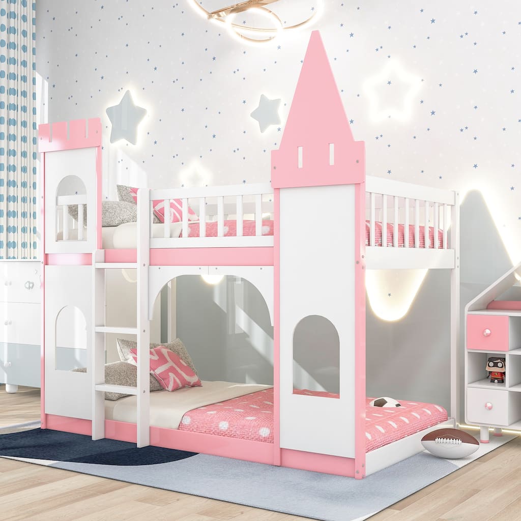 Twin Over Twin Bunk Bed Low Bunk Bed with Ladder, Castle Shaped Wood Bed Frames w/Safety Guardrails for Kids Teens Girls Bedroom