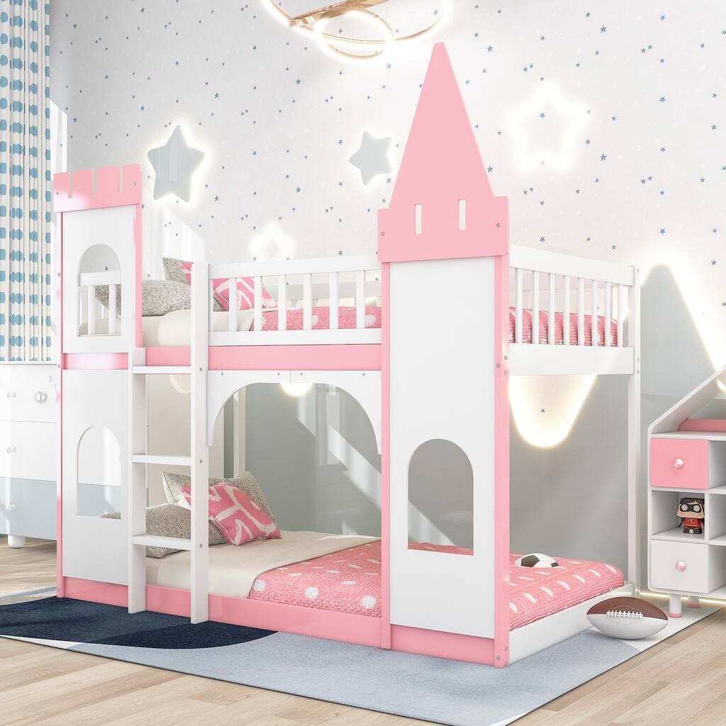 Twin Over Twin Wooden Castle Bunk Bed, Solid Pinewood Floor Bunk Bed Frame with Built In Ladder and Safety Guardrail