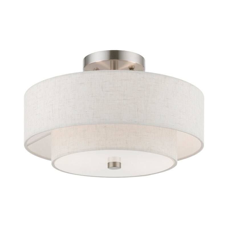 Livex Lighting 2-light Fabric Shade Flush Mount, 51083-92, 51083-91 - 13”DIA 8.25”H - Brushed nickel with oatmeal color shade