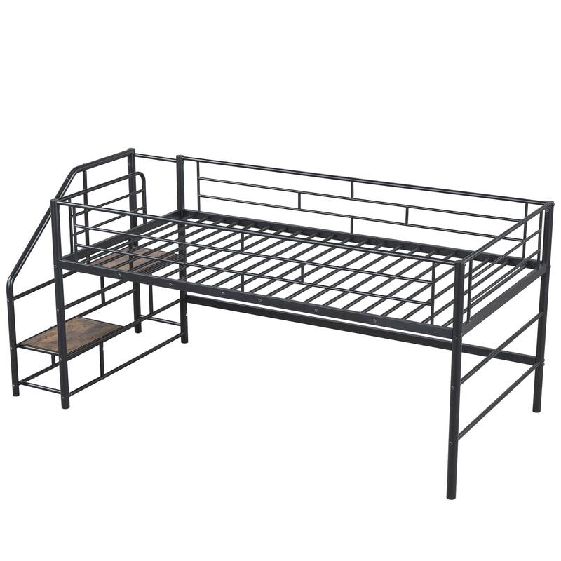 Twin Size Loft Bed with Play and Storage Spaces Underneath, Metal Bed Frame with Storage stairs and Guardrail for Bedroom