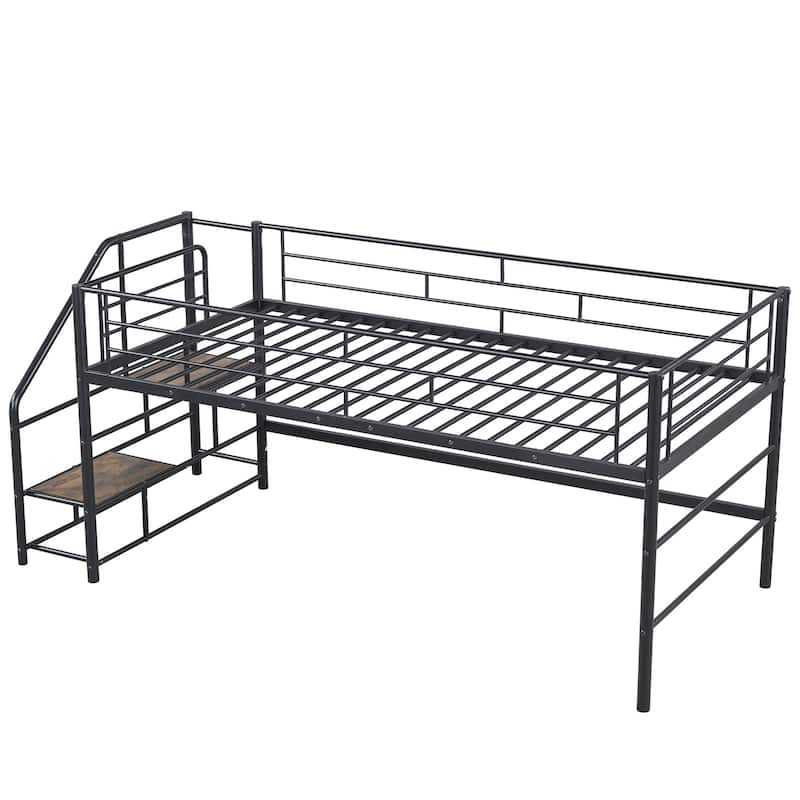 Twin Size MDF Metal Mid Loft Bed with Storage stairs and Fence for Kids, Boys and Girls, Bedroom