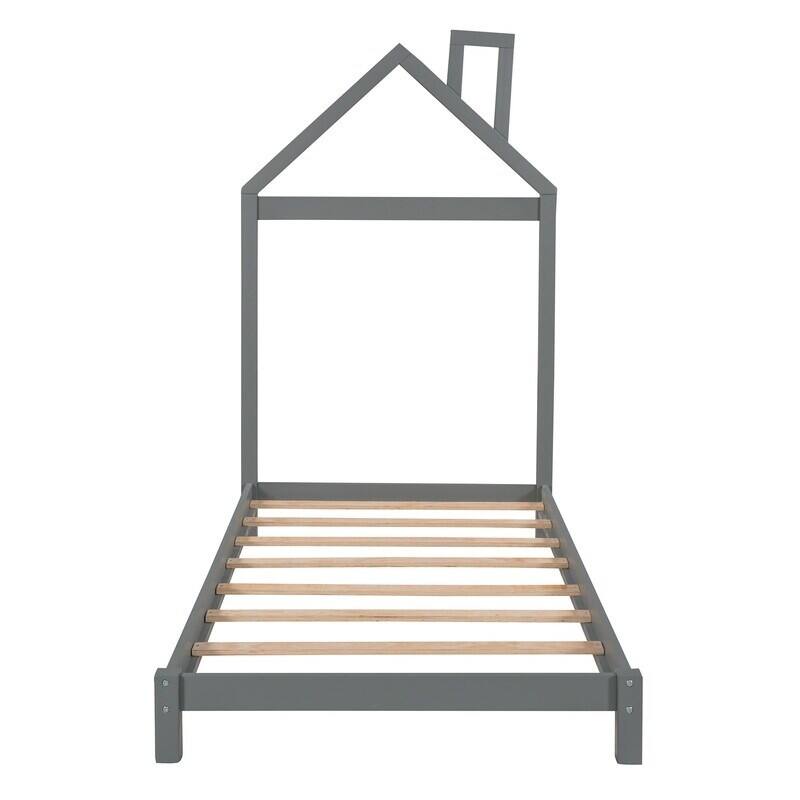 Twin Size Wood Platform Bed with House-shaped Headboard for Kids