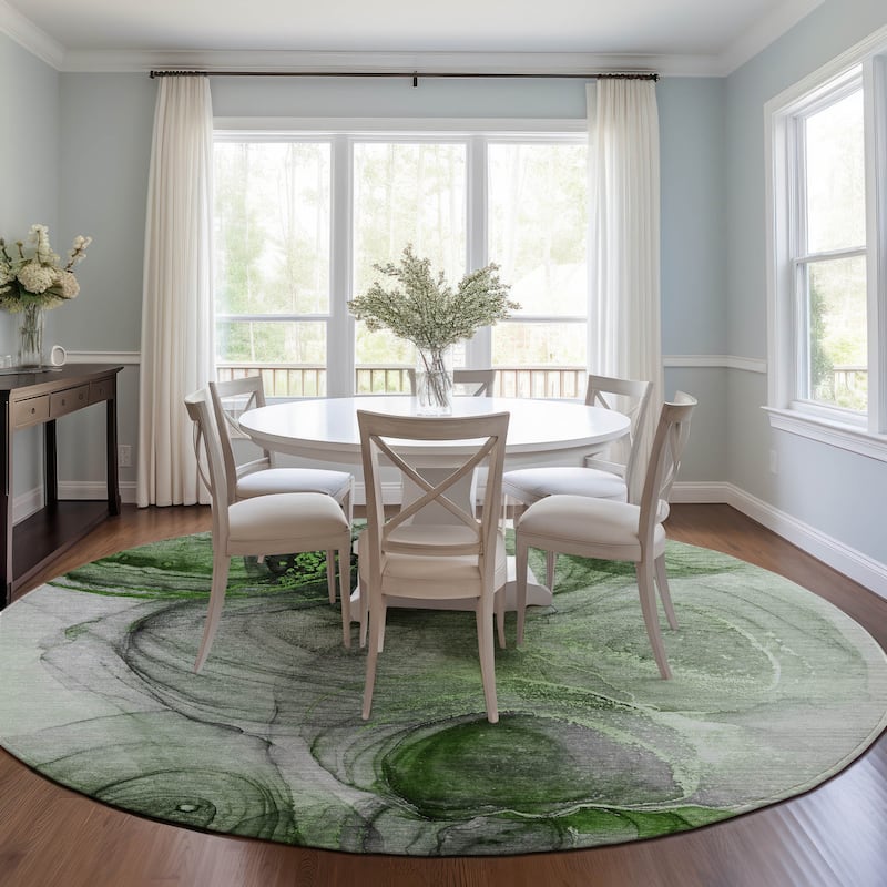 Machine Washable Indoor/ Outdoor Abstract Circles Chantille Rug - Olive - 8' x 8'