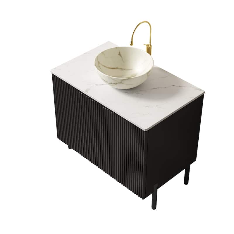 30" Bathroom Vanity with Sink, Freestanding Bathroom Storage Cabinet with 2 Doors, White Bowl Ceramic Basin with Stone Pattern