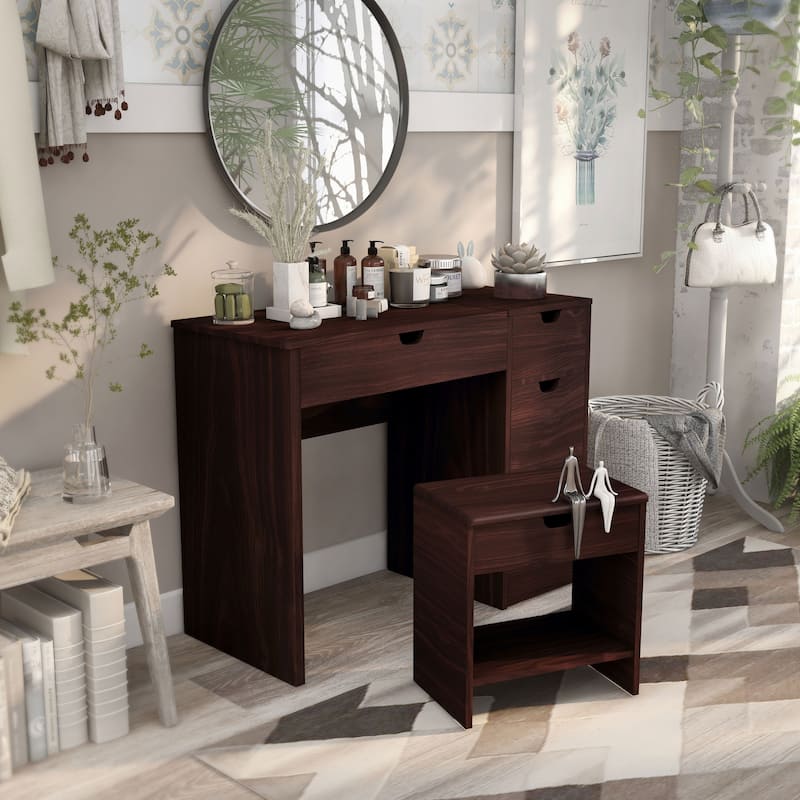 Furniture of America Laurel Transitional Walnut Flip-top 2-Piece Makeup Vanity Set with Mirrored Glass
