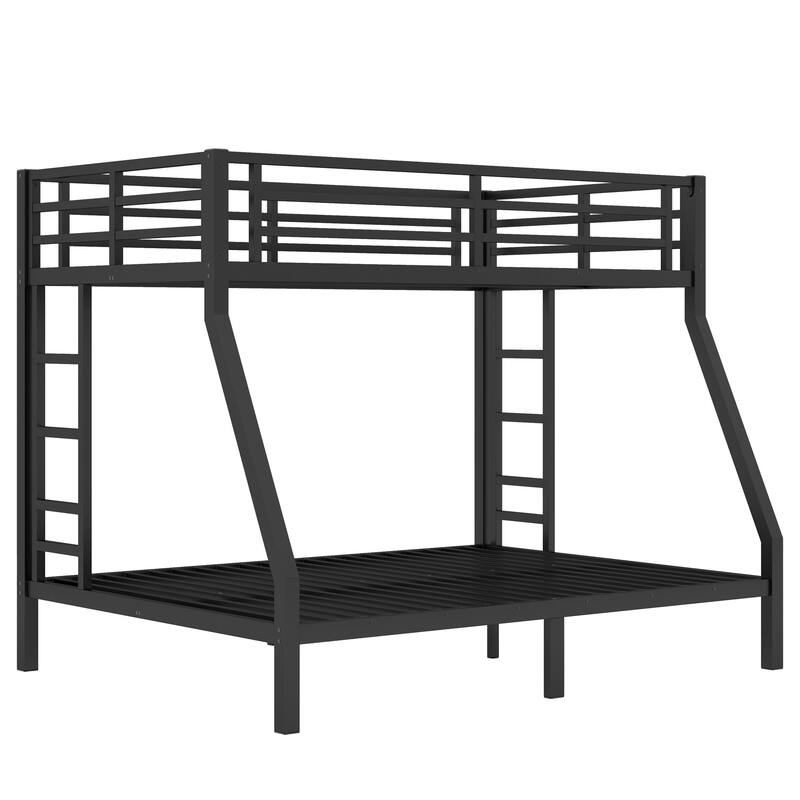 Black Metal Twin Over Full Bunk Bed Frame with Underbed Storage, Ladder and Guardrails for Shared Rooms and Dorms