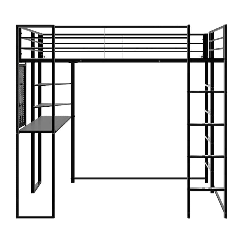 Twin Size Metal Loft Bed with Long Desk, 2 Wooden Triangular Shelves
