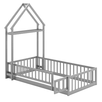 Montessori Twin Size Floor Bed Frame with Guardrails and House Shaped Headboard for Kids Bedroom