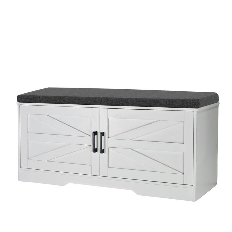 2-Tier Storage Shoe Bench with Padded Seat Cushion,Bench with 2 Barn Doors & 2 Adjustable Shelves,13.75"Dx39.4"Wx17.72"H