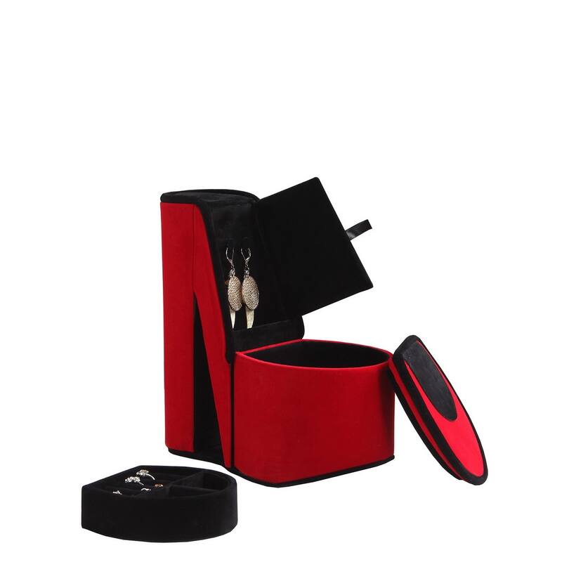 9" Tall Display Jewelry Box with Hidden Storage, High Heel Shoe Design, Red Velvet - Red