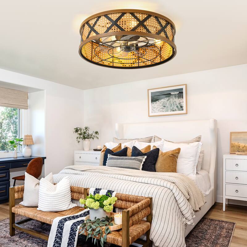 Bella Depot 23" Rustic Reattan Drum Ceiling Fan with Light and Remote 6-speed