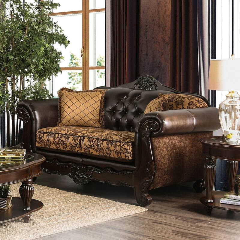 Chenille and Leatherette Loveseat with Loose Back Pillows in Tan
