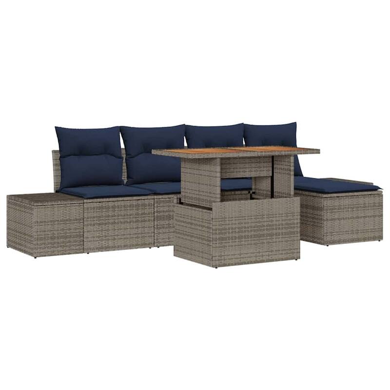 vidaXL 6 Garden Sofa Set with Cushions Black/Grey Poly Rattan - 115.8 x 46.1 x 27.2