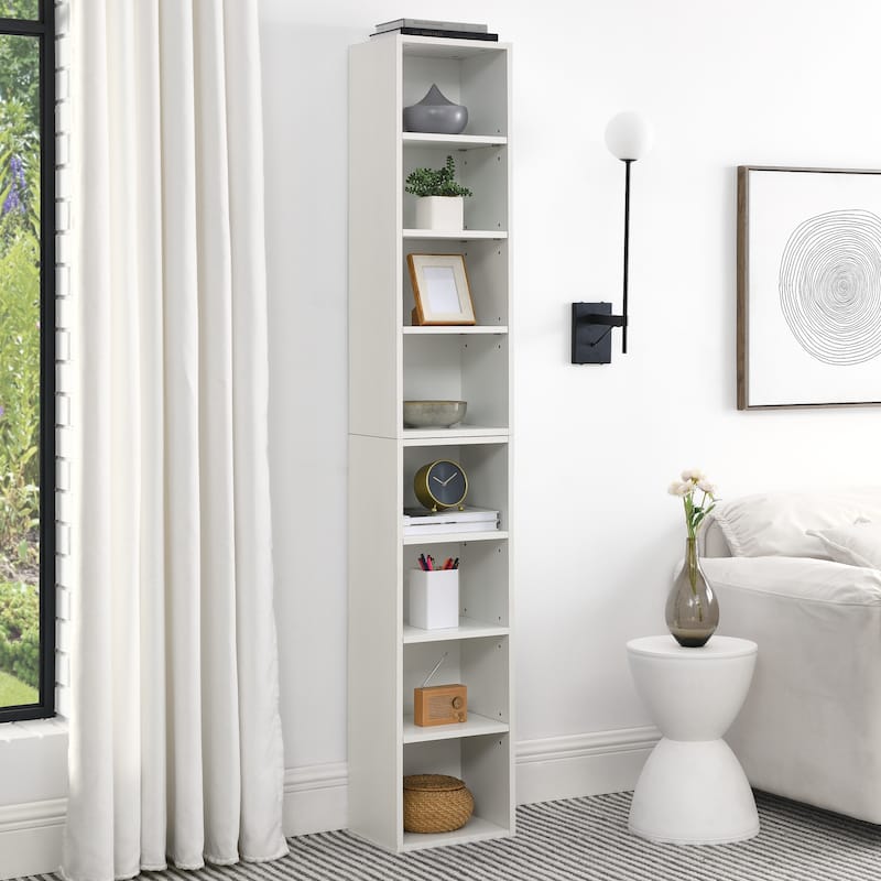 Roomfitters 8-Tier Tall Narrow Bookcase with Adjustable Shelves, Slim Storage Tower for Books, CDs, DVDs, and Décor - White