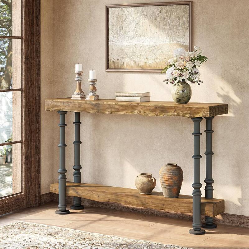 55-Inch Long Industrial Solid Wood Console Table for Entryway, Sofa Table with Shelf