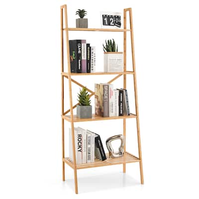 Gymax 4-Tier Bamboo Ladder Bookshelf 58'' Display Shelf Storage Rack