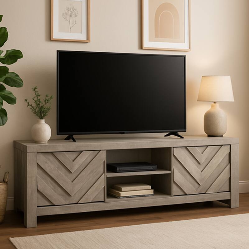 Velz TV Media Stand Console, 2 Chevron Doors, Open Shelves, Beige