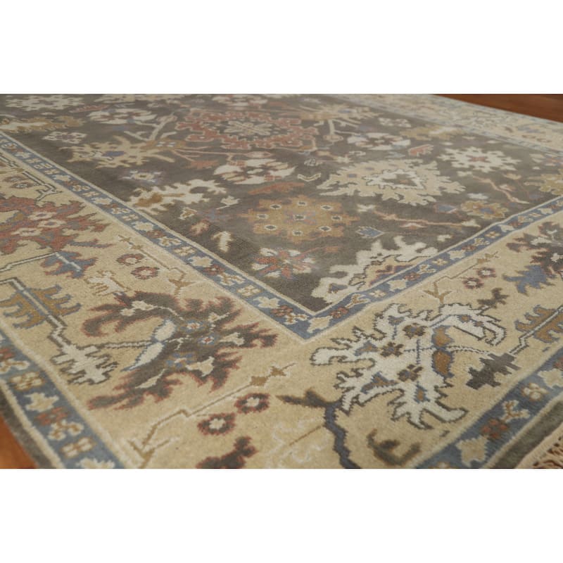 Earth Tone Brown Oushak Indian Area Rug Hand-Knotted Wool Carpet - 8'1" x 9'7" - Brown - 8'1" x 9'7"