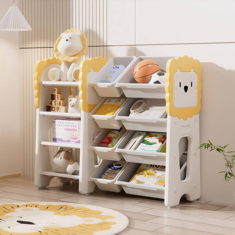 Kids Bookshelf and Toy Storage, 4-Tier Toy Organizers W/8 Removable Storage Bins, Kids Toy Storage Organizer for Study Room - Grey,White,Yellow