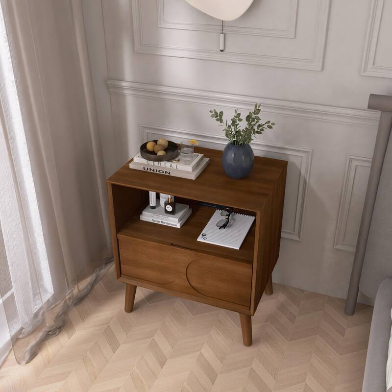 Mid Century Modern Nightstand with USB Ports & Outlet Hole & 4 Solid Wood Legs, End Table with Open Space and Drawer