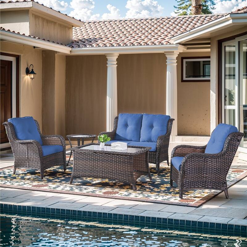 Outdoor Loveseat Sofa with Chair Ottoman Table - 5PCS - Sofa with Chair and Coffee Table - Brown Rattan - Blue Cushion