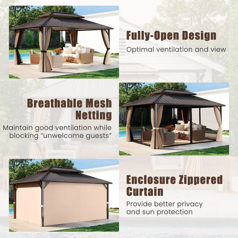 Costway 16 x 12 FT Hardtop Gazebo with Netting Heavy-Duty Double-Roof - Coffee - See Details