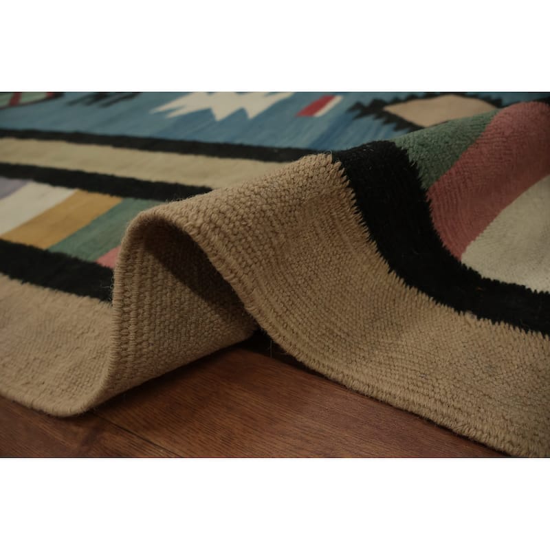 Hand Woven Oriental 100% Wool Carpet Southwestern Tribal Navy Blue & Blues Kilim Area Rug - 11' 11'' X 8' 11''