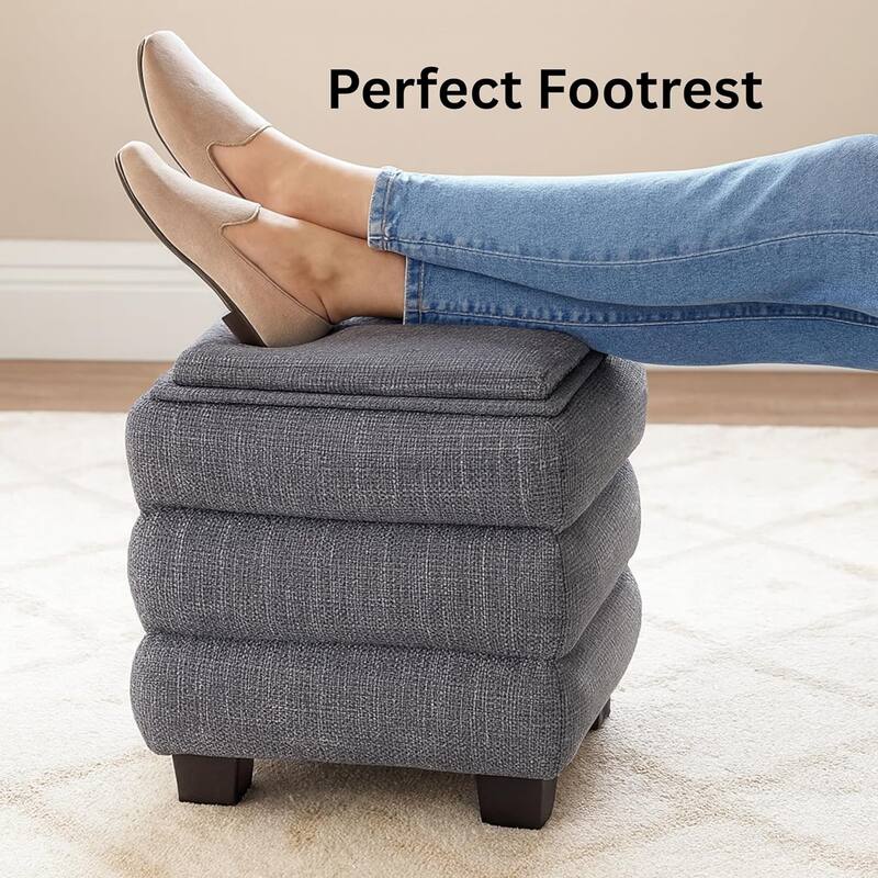Modern Cube Ottoman with Tray Top and Hidden Storage Linen Seat