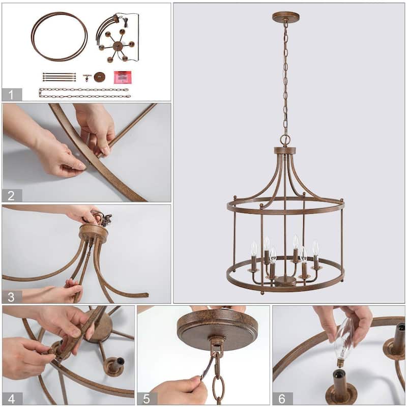 The Gray Barn Farmhouse 6-Light Rustic Drum Chandelier Island Light for Dining Room - D 21.6" x H 28.3"