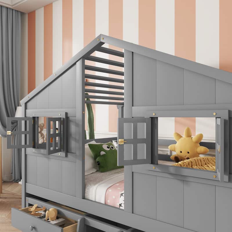 Full Size House-shaped Loft Bed with House Roof Frame Skylight Windows 4 Storage Drawers Guardrails and Stairs for Kids' Room