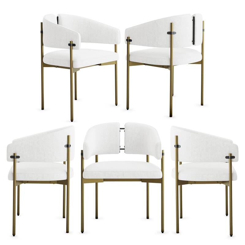 Classic and Luxurious Barrel Dining Chairs with Arms - Set of 5 - Brushed Gold and White