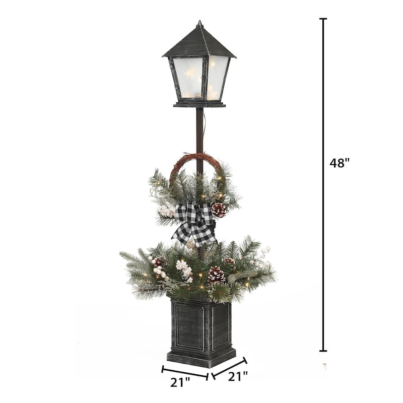 Vintage Lantern Post with Wreath and micro LED lights and Timer - Multi - N/A