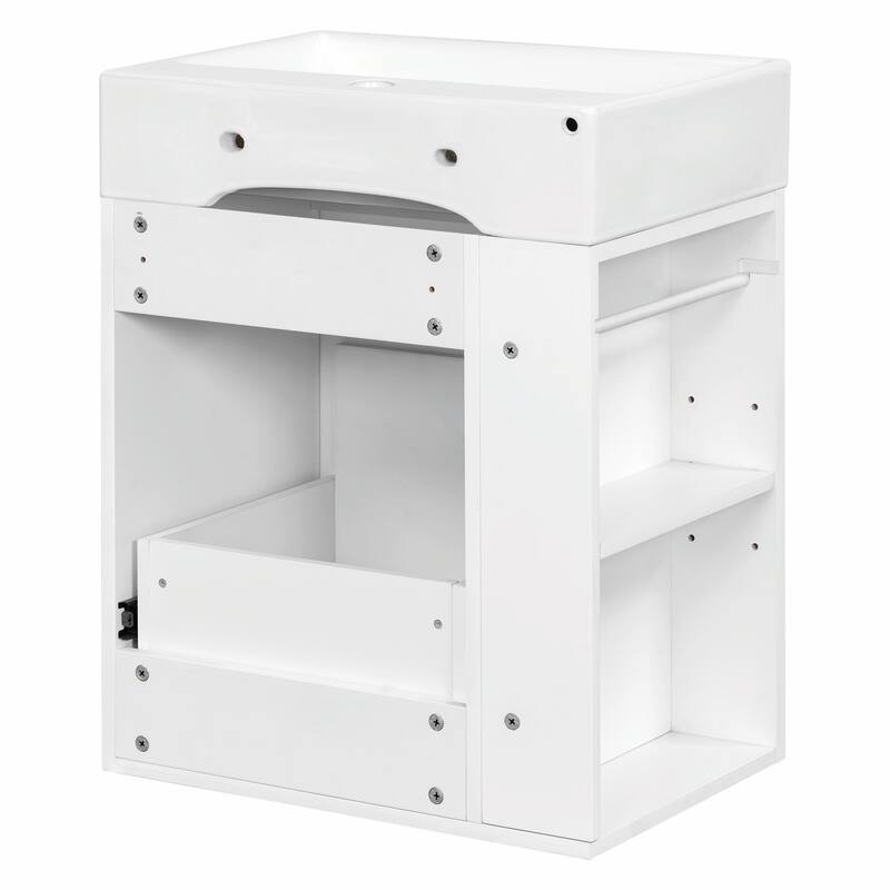 20-Inch Bathroom Vanity with Ceramic Sink - MDF Storage Cabinet with Drawer, Side Shelf and Silver Handle
