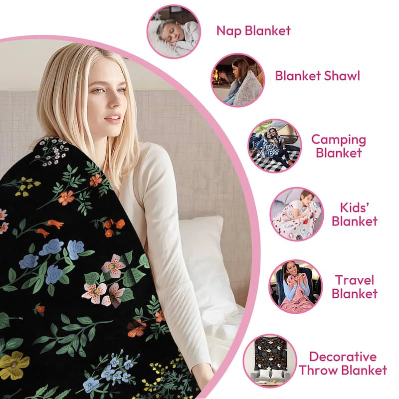 Vintage Floral Blanket，Wildflower Flannel Fleece Throw Blanket for Couch Sofa Bed
