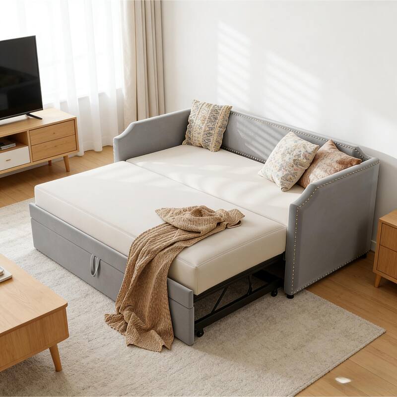 Extendable 2-in-1 Daybed Frame, Space-Saving Twin to King Design,Twin Size Velvet Upholstered Daybed with Pop Up Trundle