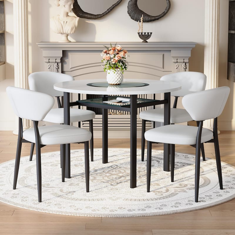 5-Piece Dining Table Set, 42" Modern Round Table with Lower Shelf, 4 Chairs, Minimalist Dining Table and Chairs Set for 4