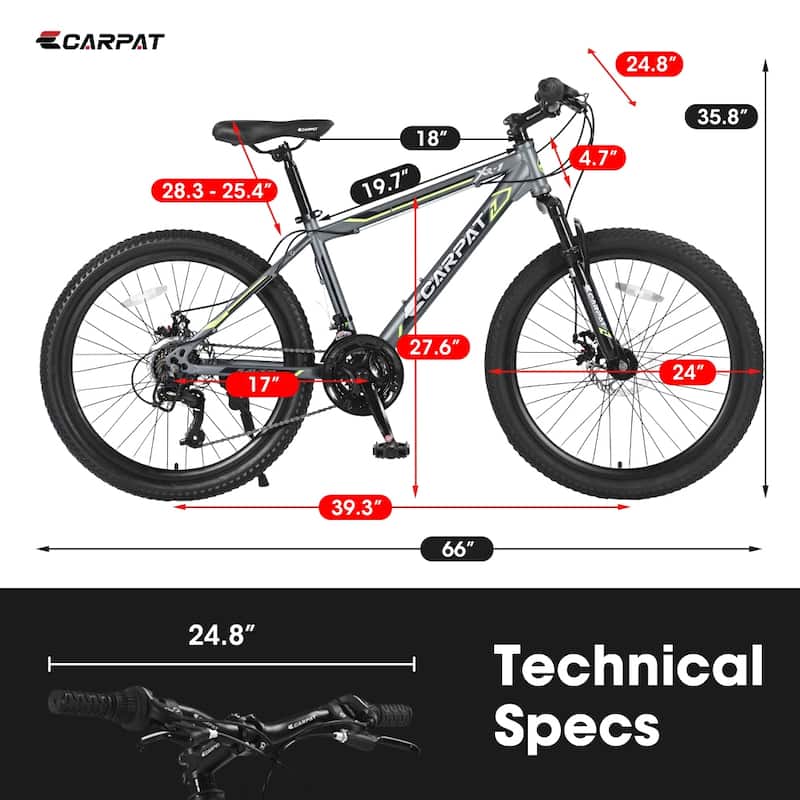 24 In. Steel Mountain Bike for Boys Girls with Daul Disc Brakes