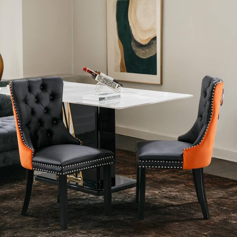 Set of 2 PU Leather and Velvet Dining Chairs Tufted Back with Nailed Trim and Back Ring Pull Home Kitchen Dining Room Chairs