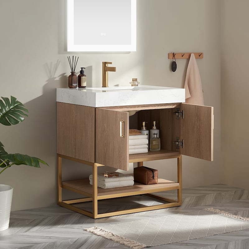 Alistair Single Bath Vanity with White Grain Stone Top without Mirror