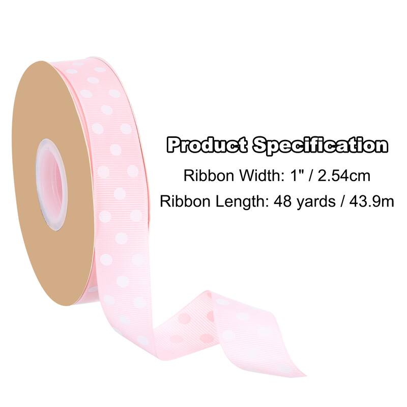 Polka Dot Craft Grosgrain Ribbon, 1 Inch x 48 Yard Grosgrain Ribbon Roll, Wired Edge Ribbon - Pink