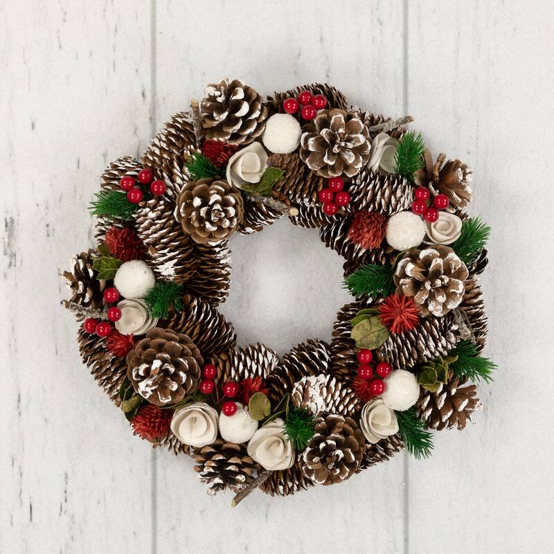 White Wooden Rose Pine Cone Artificial Christmas Wreath,13.5", Unlit