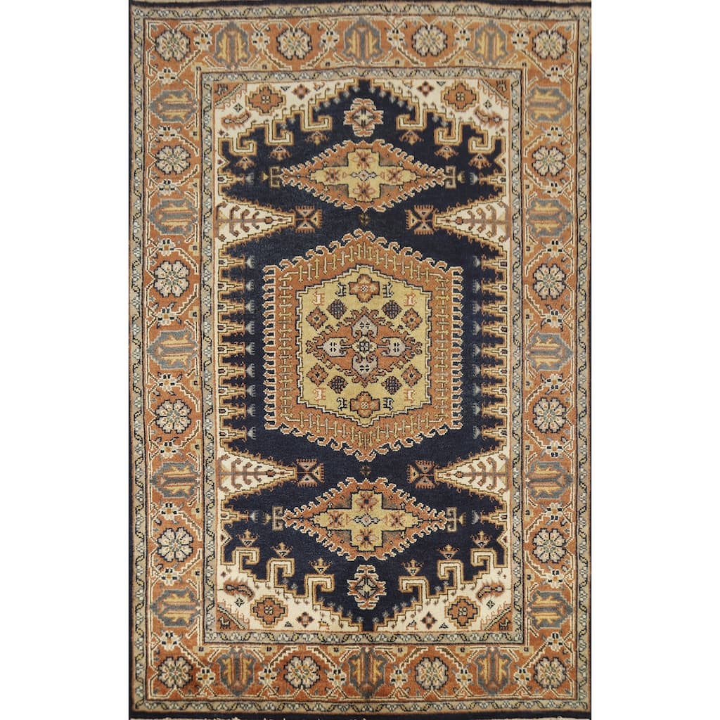 Geometric Navy Blue Viss Indian Area Rug Handmade Wool Carpet - 5'10" x 8'10"