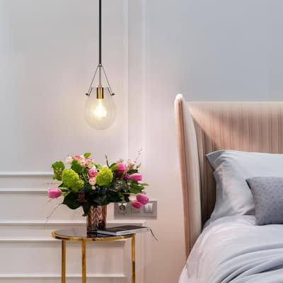 Cavitt Modern Contemporary 1-Light Mini Pendant Light Gold Tear Drop Unique Glass Kitchen Lighting - D 6.7" x H 74.1"
