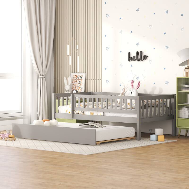 Twin Size Daybed Wood Bed Wood Platform Bed Frame No Box Spring Needed, 2 Extendable Wood Drawers with Trundle for Boys Girls - Grey/Trundle - Twin