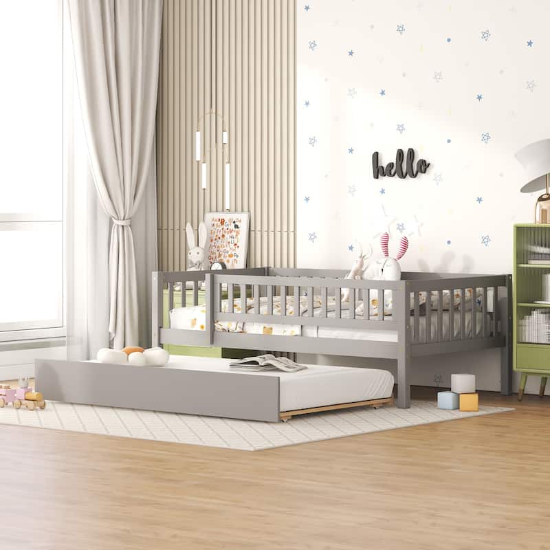 Wood Daybed with Trundle and Fence Guardrails