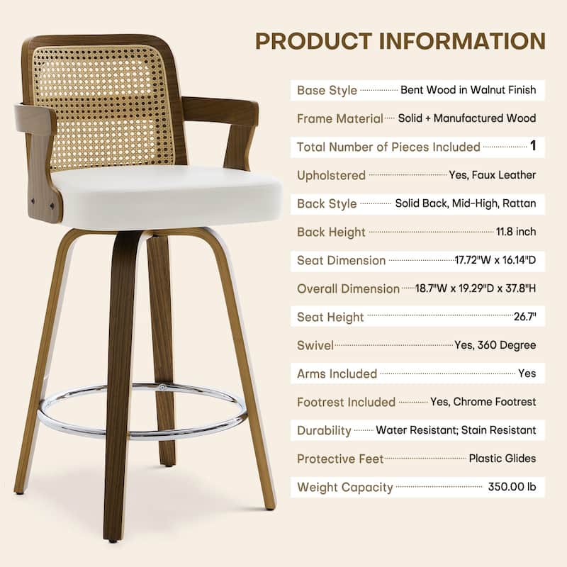 Upholstered Wood Swivel Counter Height Barstool with Arms - 37.8"H x 18.7"W x 19.29"D