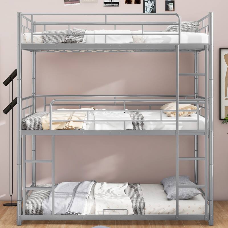 Metal Triple Bunk Bed with Built-in Ladders, Convertible into Platform Bedframe for 3 Kids Teens Adults, No Box Spring Required