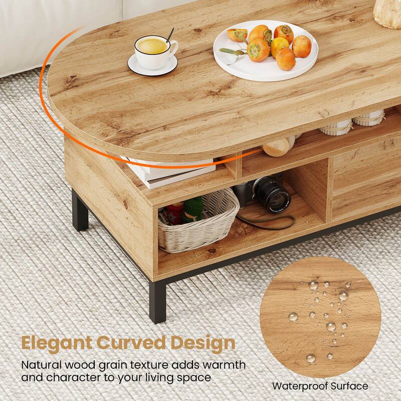 Costway 47” Oval Top Coffee Table with 4 Open Compartments & Drawer, 5 - See Details