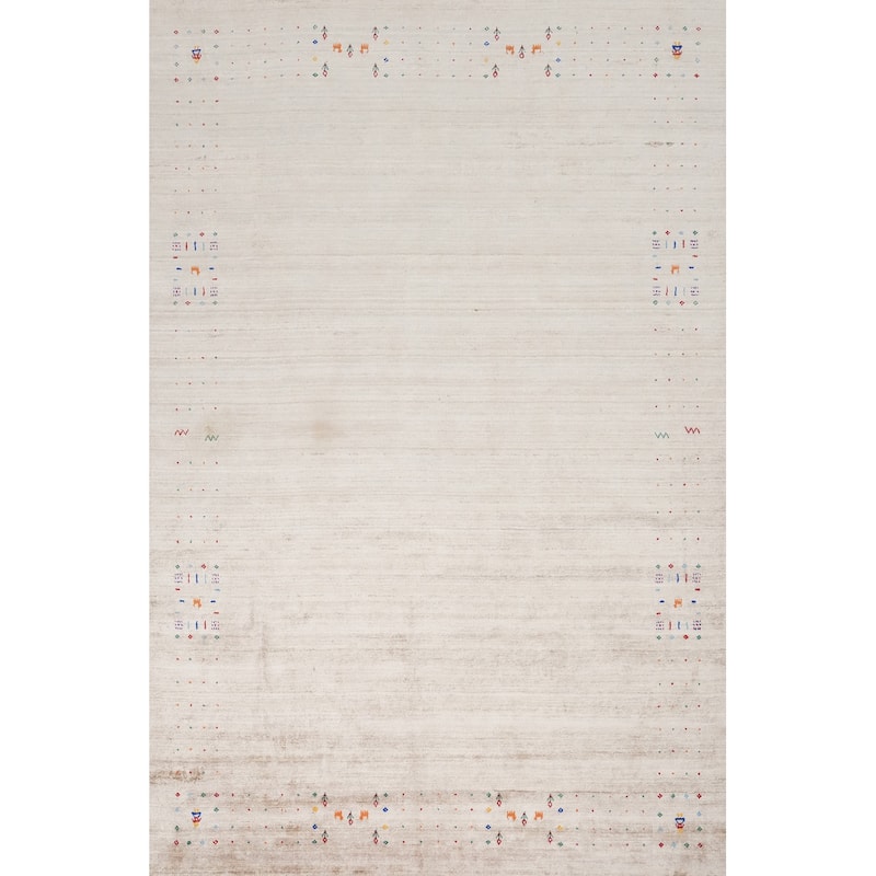 Hand Knotted Oriental Viscose Silk Carpet Tribal Animal Pictorial Beige & Ivories Gabbeh Area Rug - 11' 7'' X 8' 10''